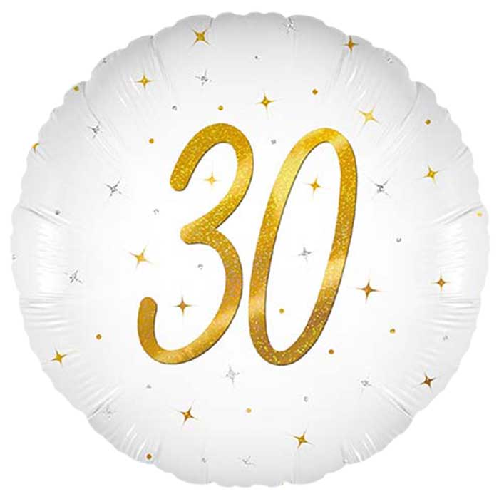 White and Gold 30th Birthday Foil Balloon 45cm | Party Save Smile
