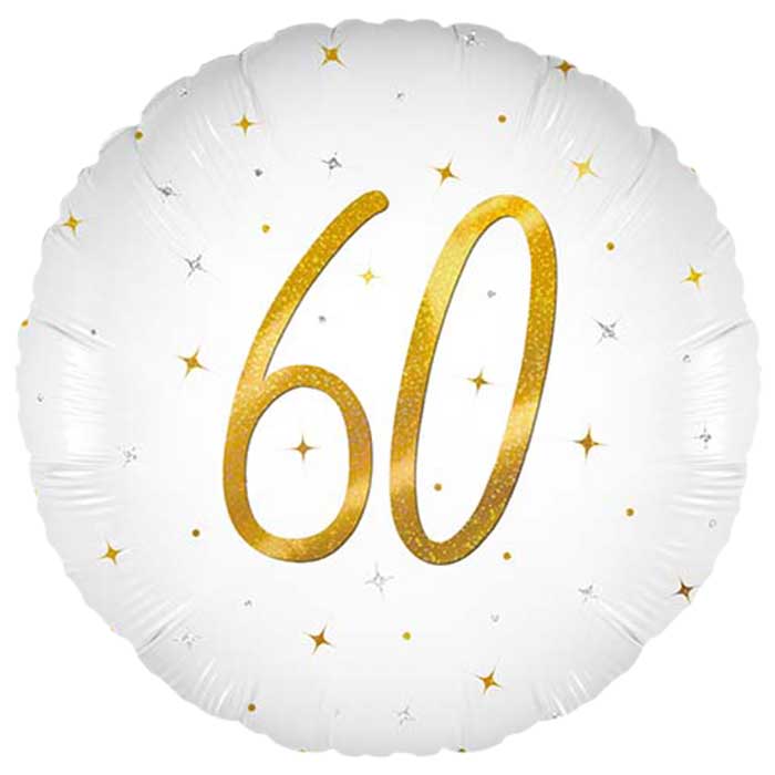 White and Gold 60th Birthday Foil Balloon 45cm | Party Save Smile