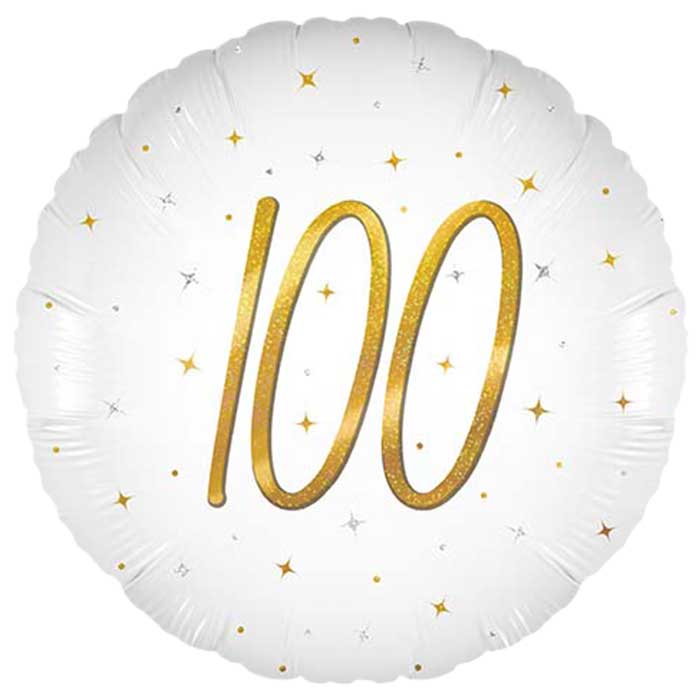 White and Gold 100th Birthday Foil Balloon 45cm | Party Save Smile