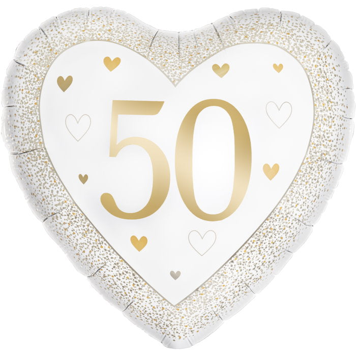 Gold Happy 50th Anniversary Heart Foil Balloon 18 inches | Party Save Smile