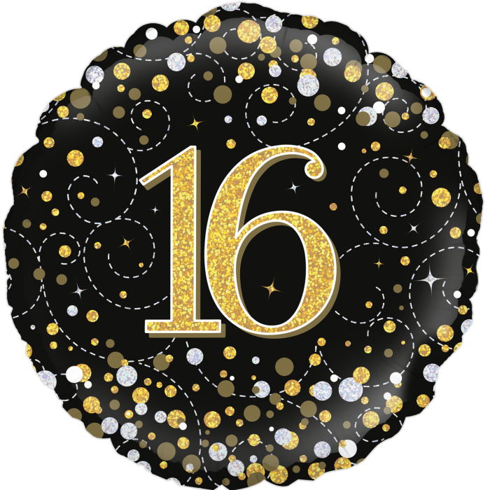 Black & Gold 16th Birthday Foil Balloon 18 inches | Party Save Smile