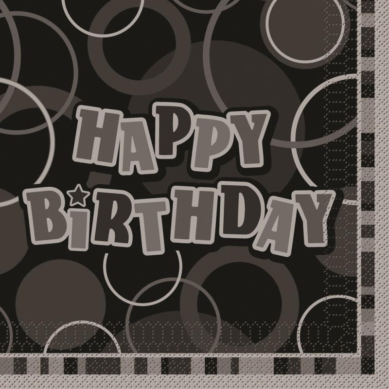 Black Glitz Happy Birthday Napkins Pack of 16 | Party Save Smile