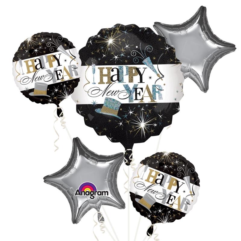 Happy New Year Foil Balloon Cluster - 5 Balloons | Party Save Smile