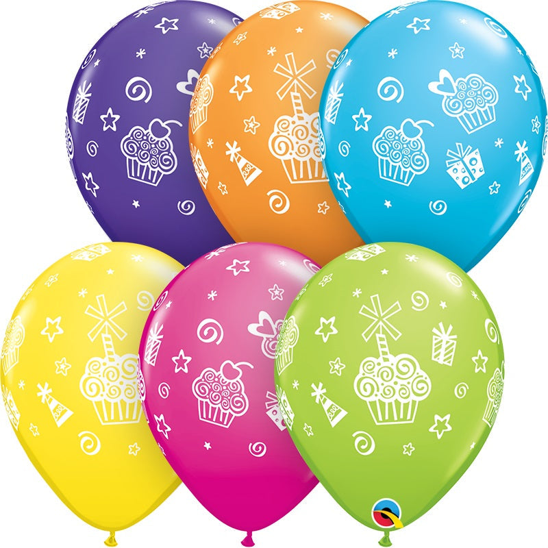 Colourful Cupcakes & Presents Latex Balloons: 11 Inch Qualatex | Party Save Smile