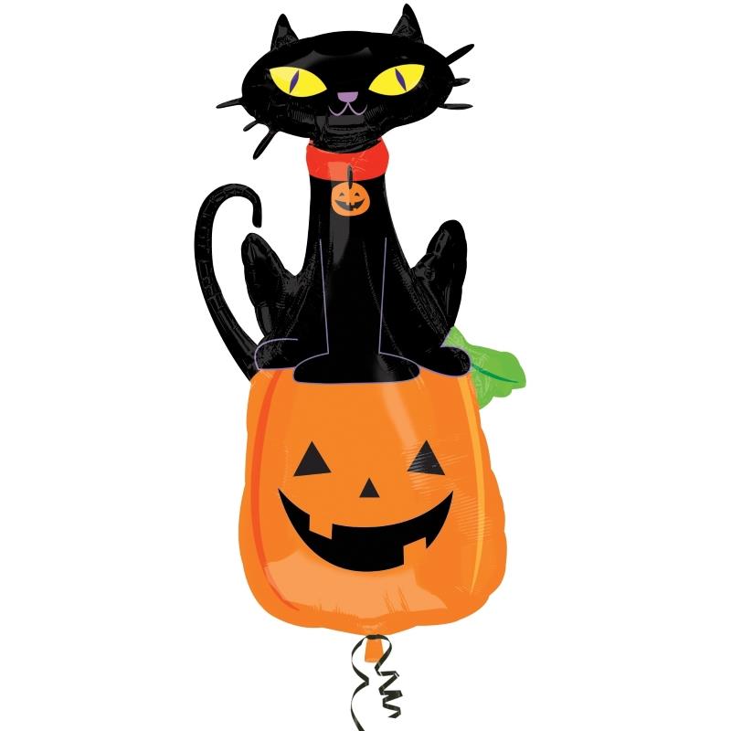 Black Cat on Pumpkin Shaped Foil Balloon 18 Inch | Party Save Smile