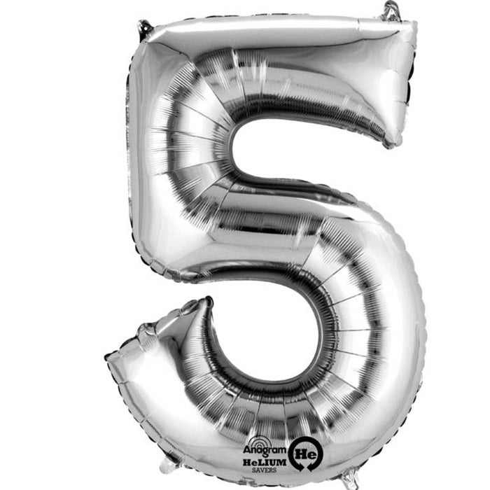 Silver Number 5 Foil Balloon Air Fill 16 Inch Anagram | Party Save Smile