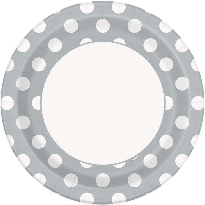 Silver Polka Dot Party Plates Pack of 8 | Party Save Smile