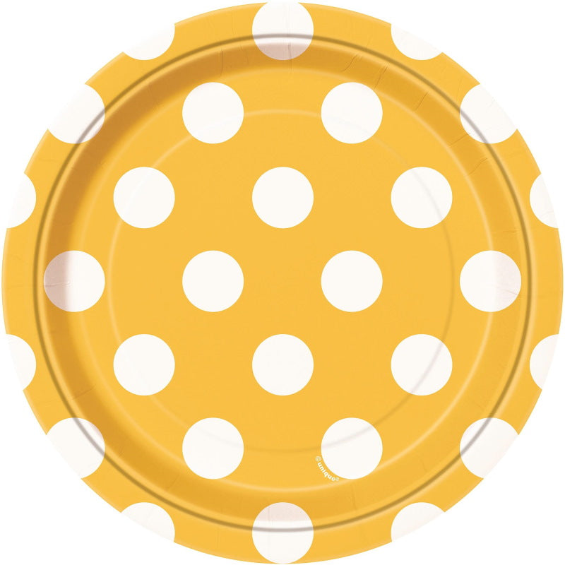 Yellow Polka Dot Paper Plates: 18cm Cake Plates Pack of 8 | Party Save Smile