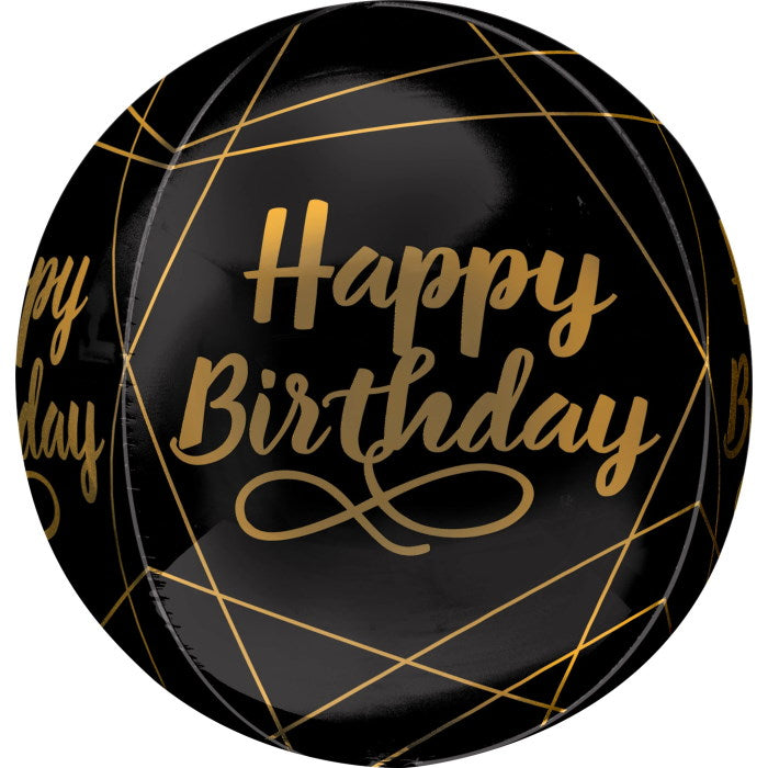 Black and Gold Happy Birthday Orbz Balloon 15 inches | Party Save Smile