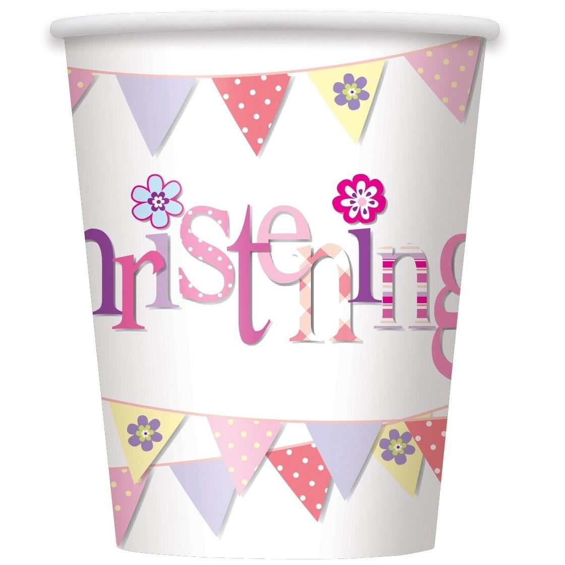 Pink Bunting Christening Party Cups Pack of 8 | Party Save Smile