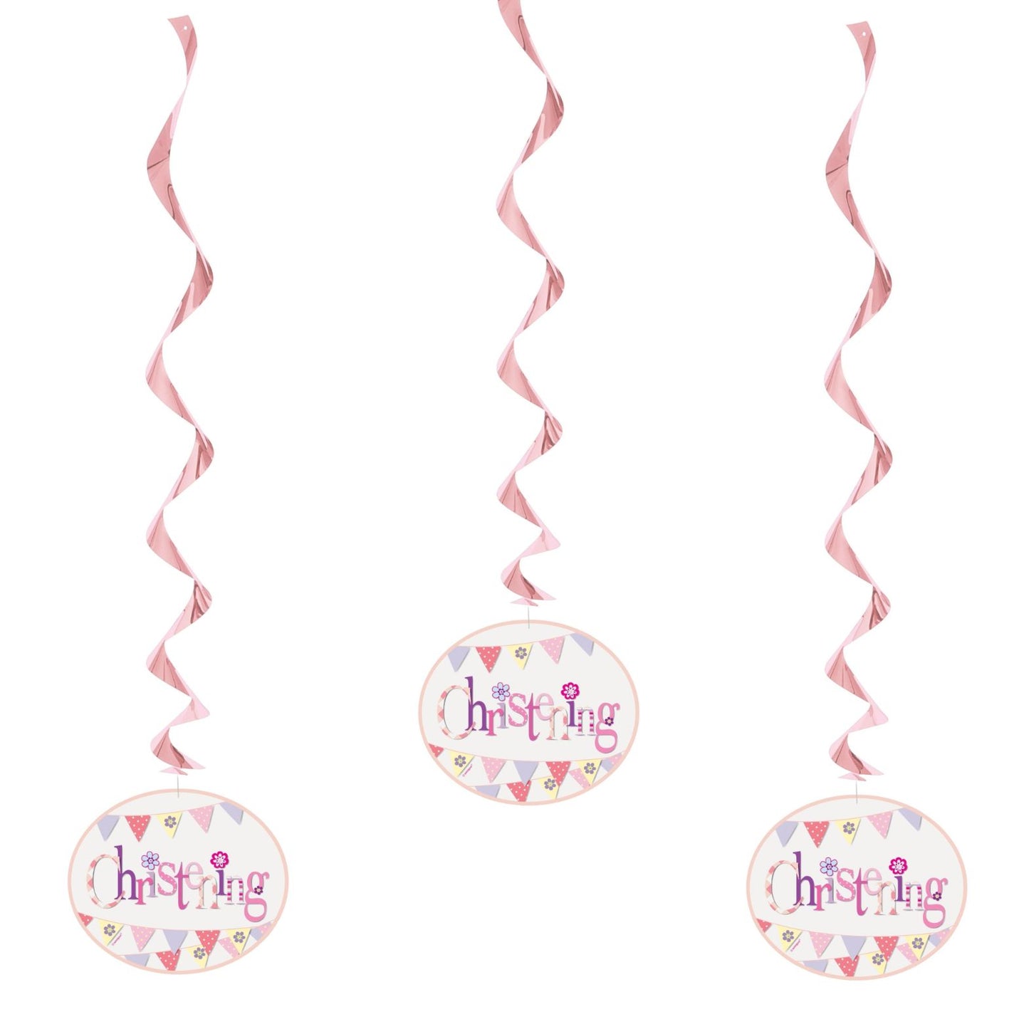 Pink Bunting Christening Hanging Swirl Decorations Pack of 3 | Party Save Smile