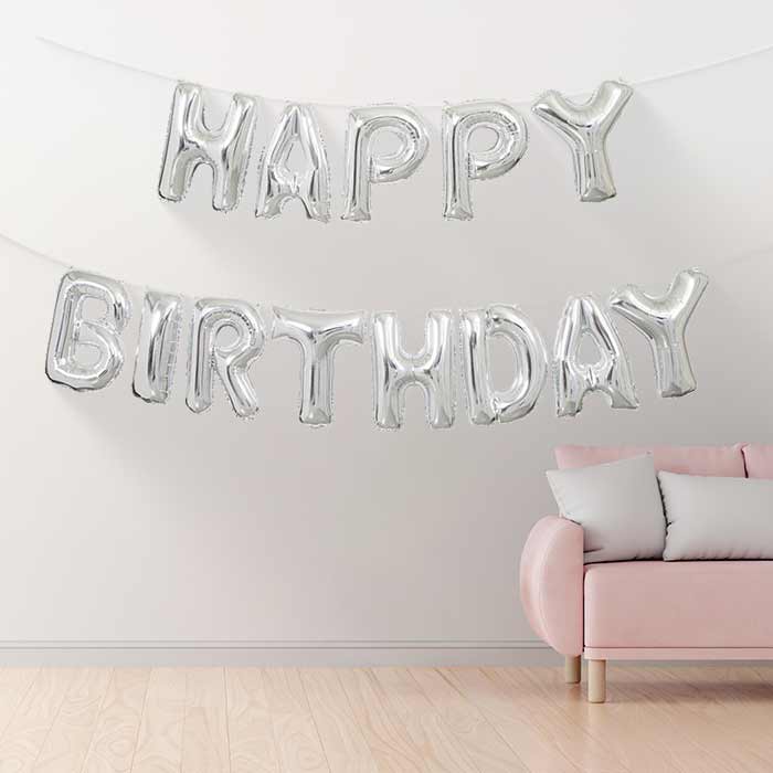 Silver Happy Birthday Banner Balloons 4.2 Metres | Party Save Smile