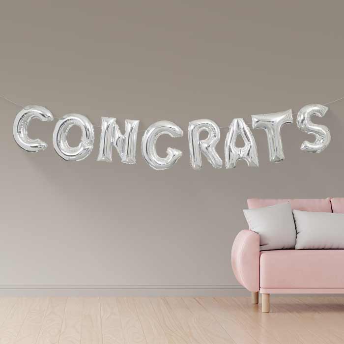 Silver Congrats Balloon Banner Letter Balloons 2.7 Metres | Party Save Smile