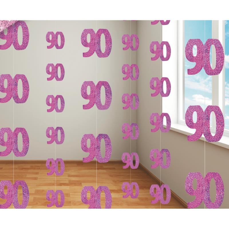 Pink 90th Birthday Hanging String Decorations Pack of 6 | Party Save Smile