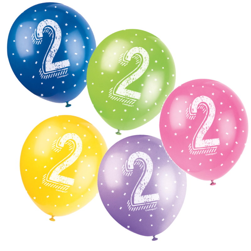Assorted Colours 2nd Birthday Party Latex Balloons Pack of 5 | Party Save Smile