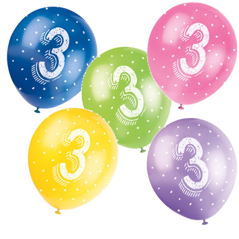 Assorted Colours 3rd Birthday Party Latex Balloons Pack of 5 | Party Save Smile