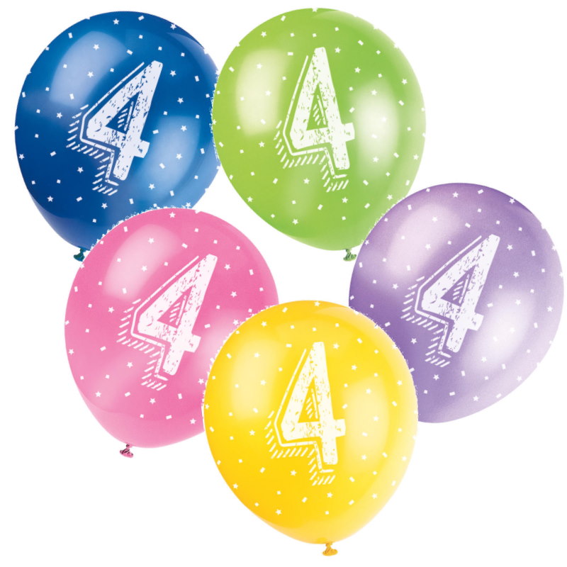 Assorted Colours 4th Birthday Party Latex Balloons Pack of 5 | Party Save Smile