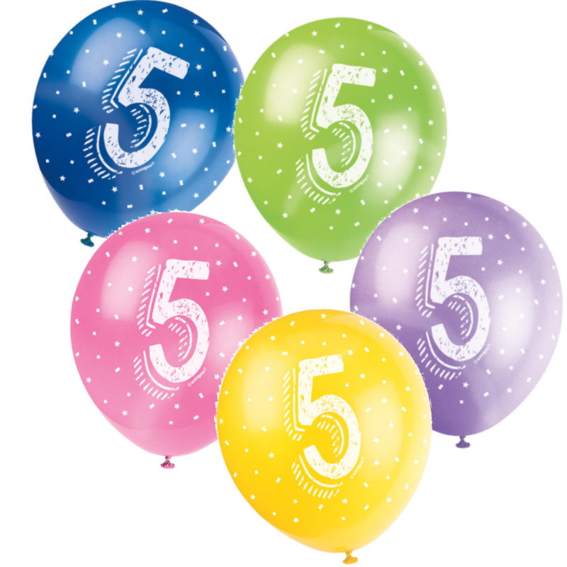 Assorted Colours 5th Birthday Party Latex Balloons Pack of 5 | Party Save Smile