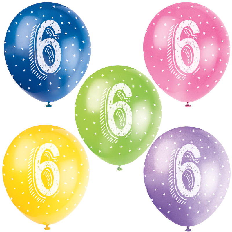 Assorted Colours 6th Birthday Party Latex Balloons Pack of 5 | Party Save Smile