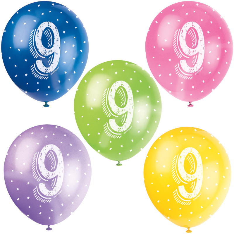 Assorted Colours 9th Birthday Party Latex Balloons Pack of 5 | Party Save Smile