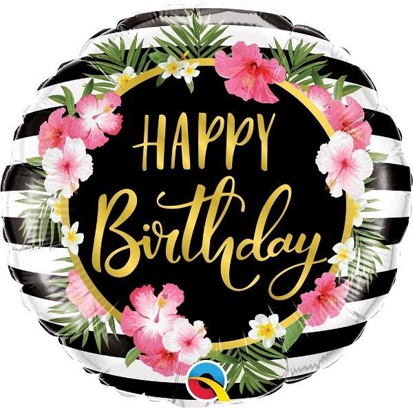 Floral Tropical Stripes Happy Birthday Foil Balloon 18 Inch | Party Save Smile