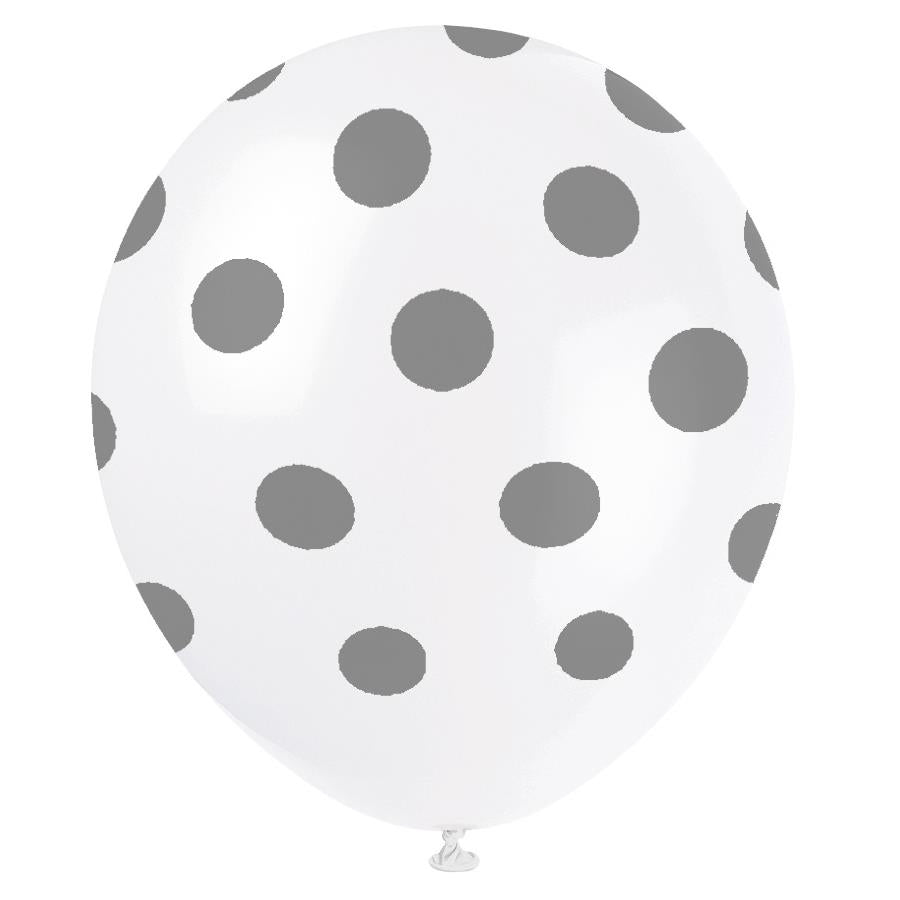Silver Polka Dot Birthday Party Latex Balloons Pack of 6 | Party Save Smile