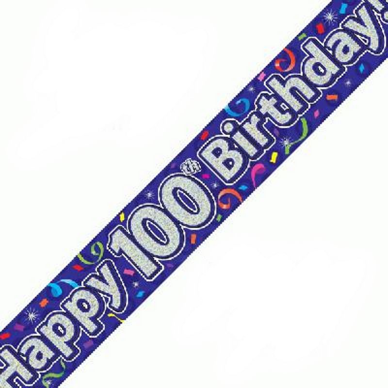 Purple Streamers Happy 100th Birthday Foil Banner Decoration | Party Save Smile