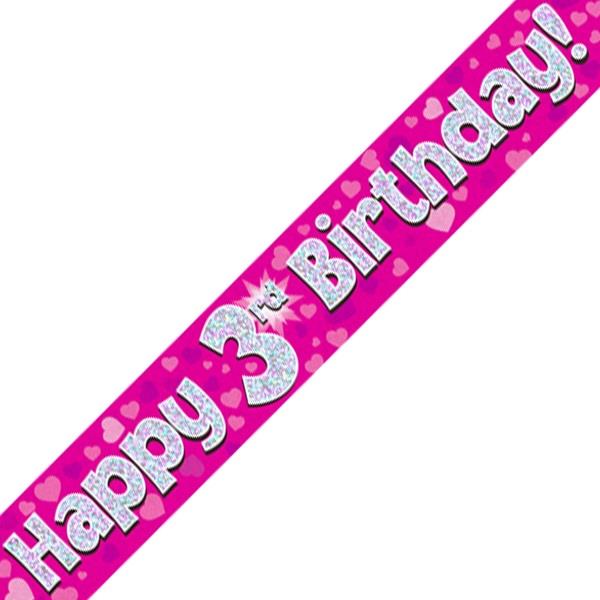 Pink Heart Happy 3rd Birthday Foil Banner | Party Save Smile