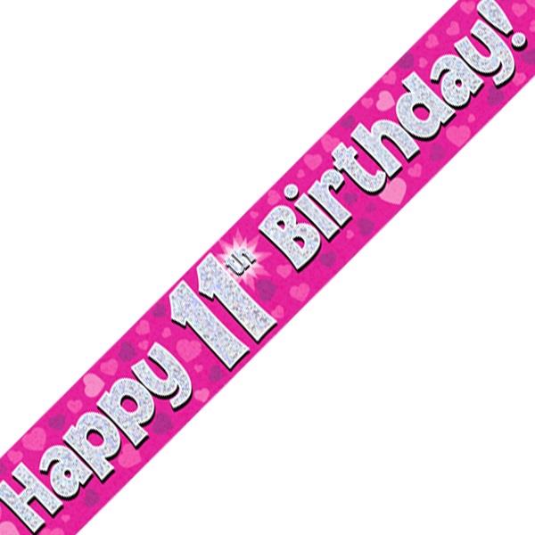Pink Heart Happy 11th Birthday Foil Banner Decoration | Party Save Smile