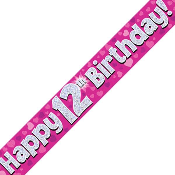 Pink Heart Happy 12th Birthday Foil Banner Decoration | Party Save Smile