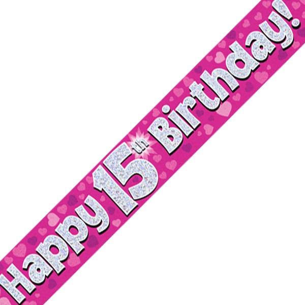 Pink Heart Happy 15th Birthday Foil Banner Decoration | Party Save Smile