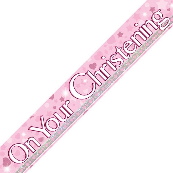On Your Christening Pink Foil Banner Decoration 2.7 Metres | Party Save Smile
