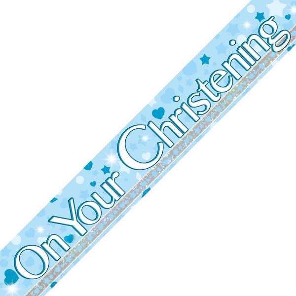 On Your Christening Blue Foil Banner Decoration 2.7 Metres | Party Save Smile