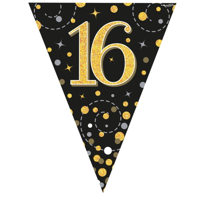 Black & Gold Sparkling 16th Birthday Bunting 3.9 metres | Party Save Smile