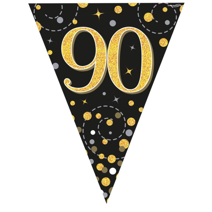 90th Birthday Bunting - Black and Gold 3.9 Metres | Party Save Smile