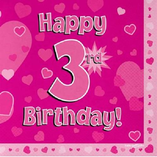 Pink Heart Happy 3rd Birthday Party Napkins Pack of 16 | Party Save Smile