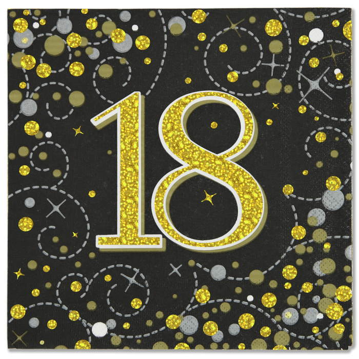 Black & Gold Fizz 18th Birthday Napkins Pack of 16 | Party Save Smile