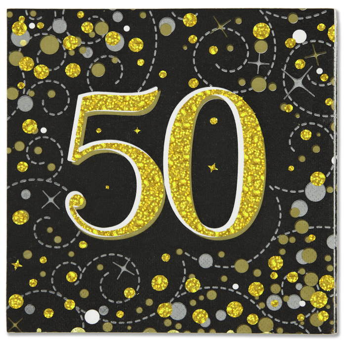 Black & Gold Sparkling 50th Birthday Napkins Pack of 16 | Party Save Smile