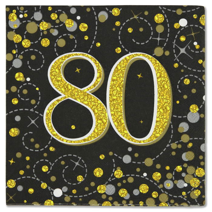 Napkins for 80th Birthday - Black and Gold Pack of 16 | Party Save Smile