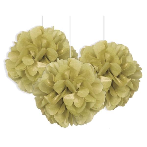 Gold Puff Ball Hanging Decorations 9 inch Pack of 3 | Party Save Smile