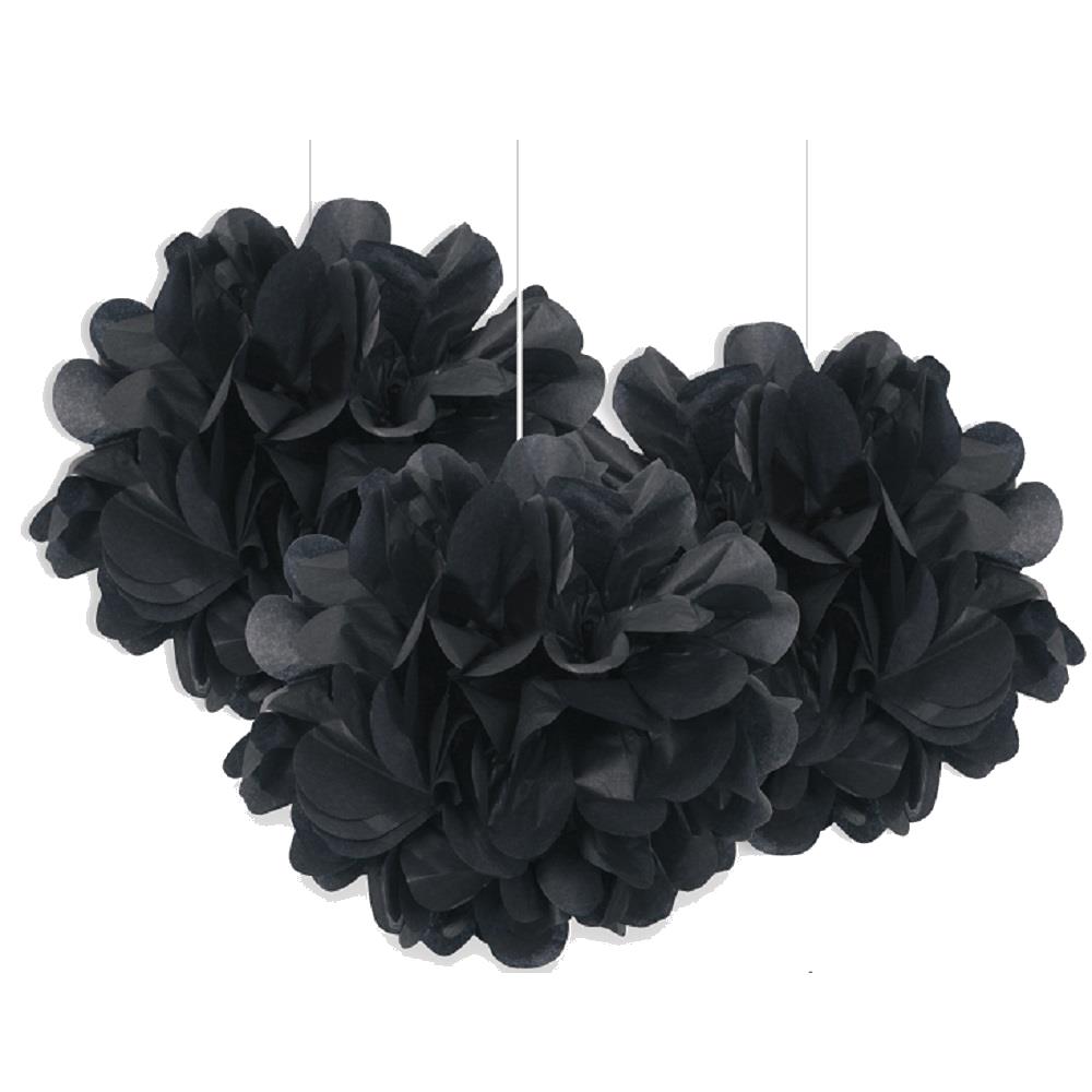 Black Decorative Puff Balls 9 Inches Pack of 3 | Party Save Smile