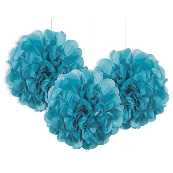 Teal Blue Puff Ball Hanging Decorations 9 Inch Pack of 3 | Party Save Smile