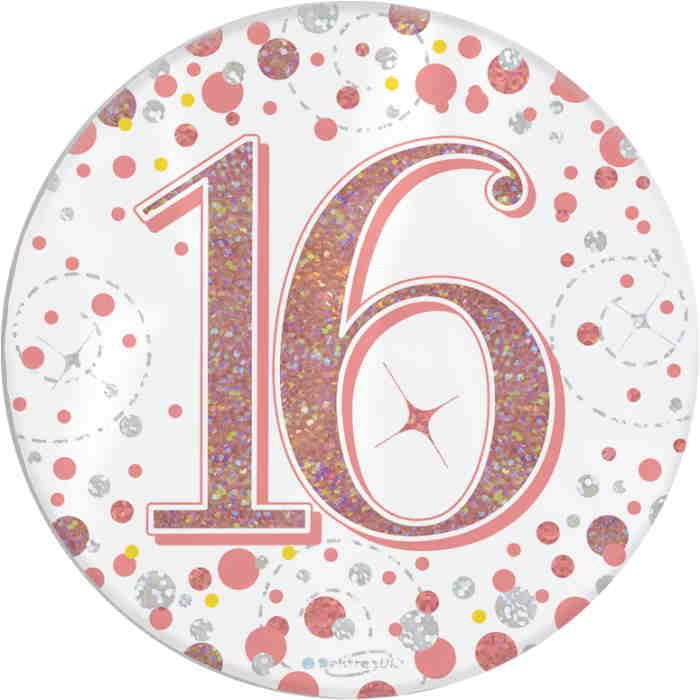 Rose Gold Confetti 16th Birthday Badge 7cm | Party Save Smile
