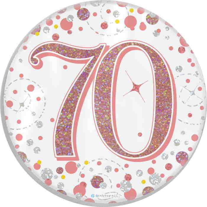 Rose Gold Confetti 70th Birthday Badge 7cm | Party Save Smile
