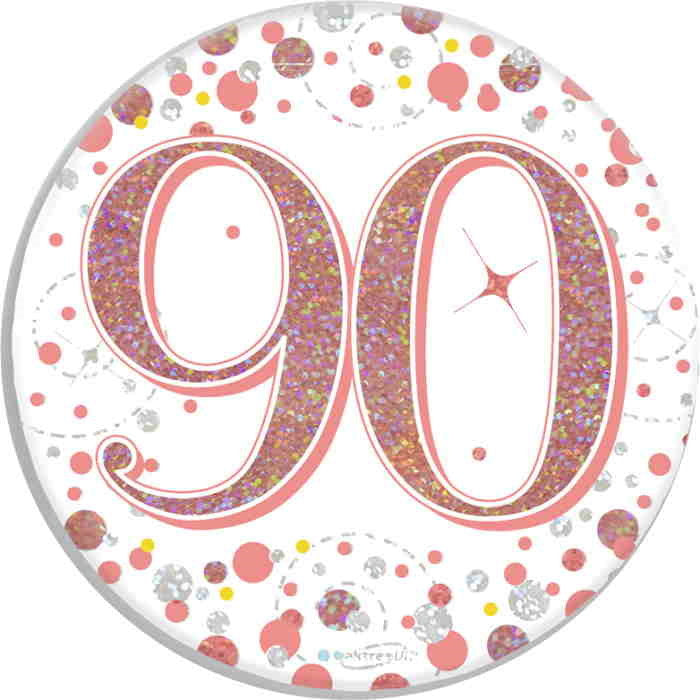 Rose Gold Confetti 90th Birthday Badge 7cm | Party Save Smile