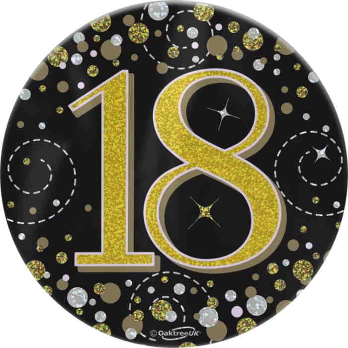 Black and Gold Confetti 18th Birthday Badge 7cm | Party Save Smile