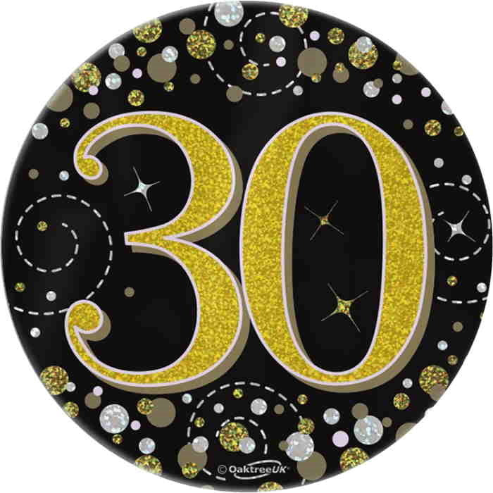 Black and Gold Confetti 30th Birthday Badge 7cm | Party Save Smile