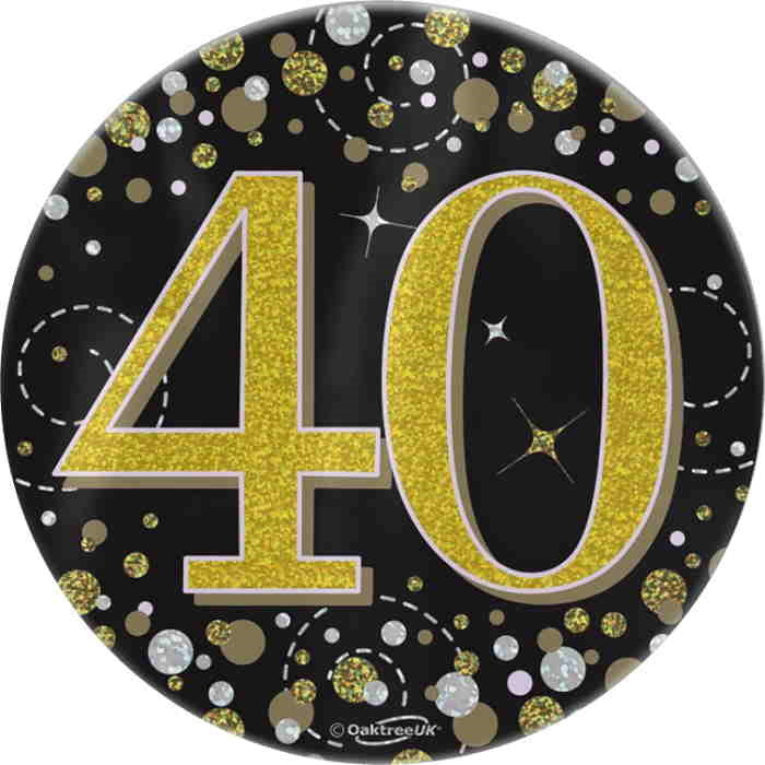 Black and Gold Confetti 40th Birthday Badge 7cm | Party Save Smile