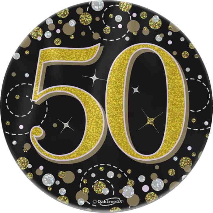 Black and Gold Confetti 50th Birthday Badge 7cm | Party Save Smile