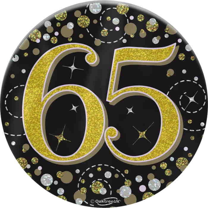 Black and Gold Confetti 65th Birthday Badge 7cm | Party Save Smile